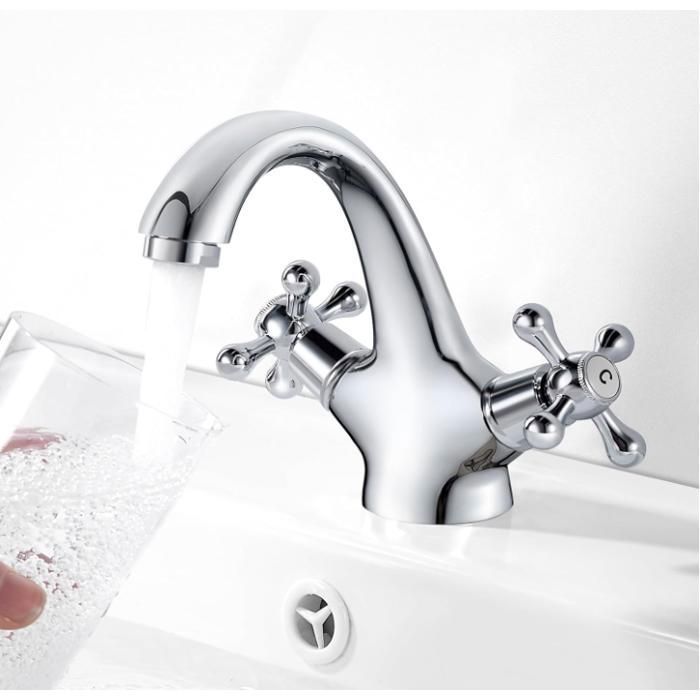 Grifo de baño fijo cromado, mezclador de lavabo de doble manija con agua fría y caliente disponible.