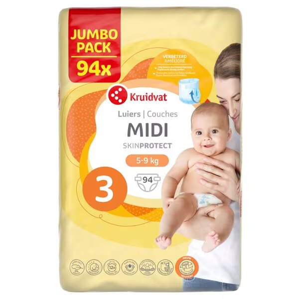 Kruidvat 3 Midi plenice Jumbo Pack<br>velikost 3 (4-9 kg), 94 kosov