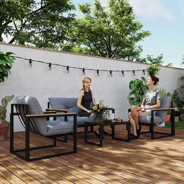 Set di mobili da giardino per 4 persone con divano, 2 poltrone e tavolino da caffè in vetro temperato, cuscini inclusi, grigio.