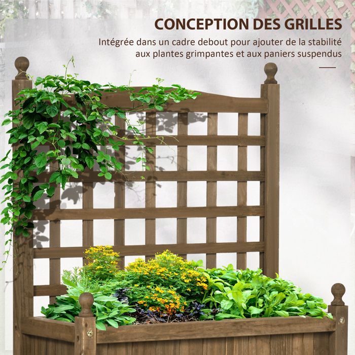 Fioriera con traliccio - Outsunny - inserti per irrigazione inclusi - portata massima 50 kg - 64 x 28 x 75 cm - legno di abete trattato
