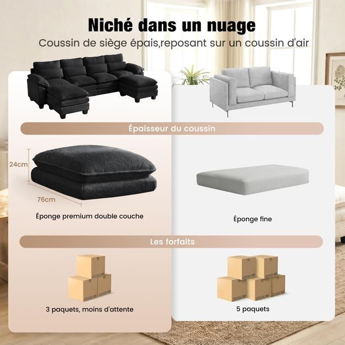 Extra-large modular U-shaped corner sofa, double-layer cloud seat cushion, 2 removable ottomans, black teddy velvet fabric