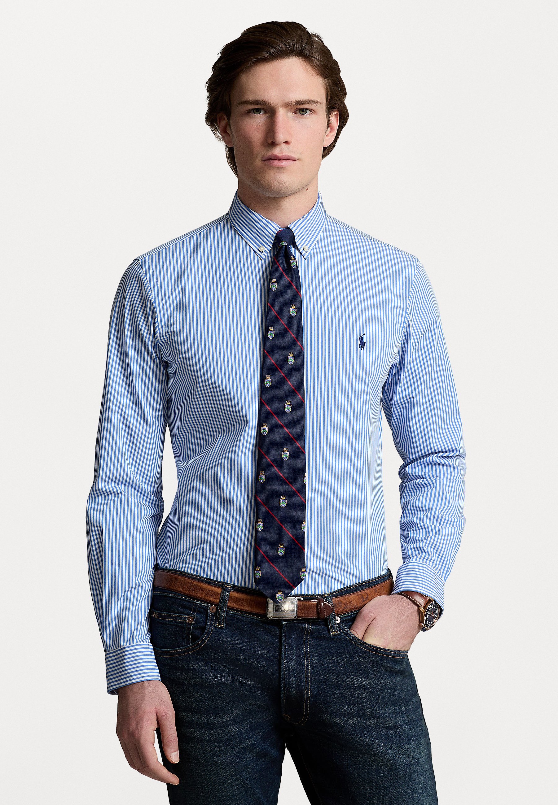 Polo Ralph Lauren Slim Fit gestreiftes Stretch-Popeline-Hemd – Hemd – Hellblau/Weiß