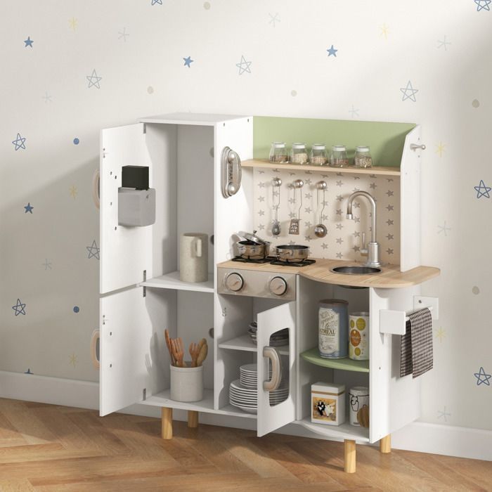 Kinderkeuken - AIYAPLAY - Houten fantasiespeelset met ijsmachine, gootsteen en keukengerei - Hout - 84x34x89cm - Wit