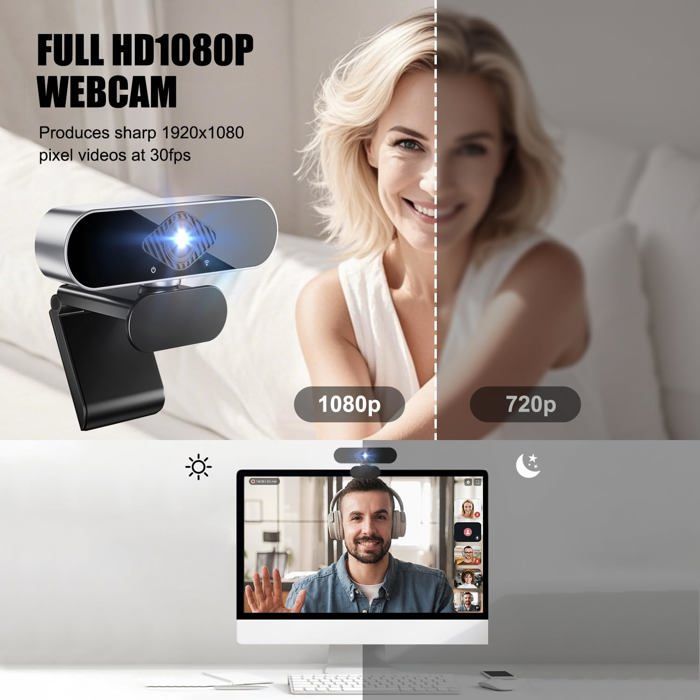 Webcam pour PC avec Micro, 1080P Full HD Caméra Web avec Microphone, 360° Rotation USB Caméra Plug Play pour Vidéo et