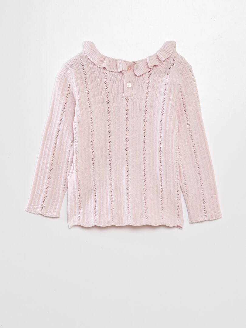 Suéter de tricô vazado com gola franzida - ROSA