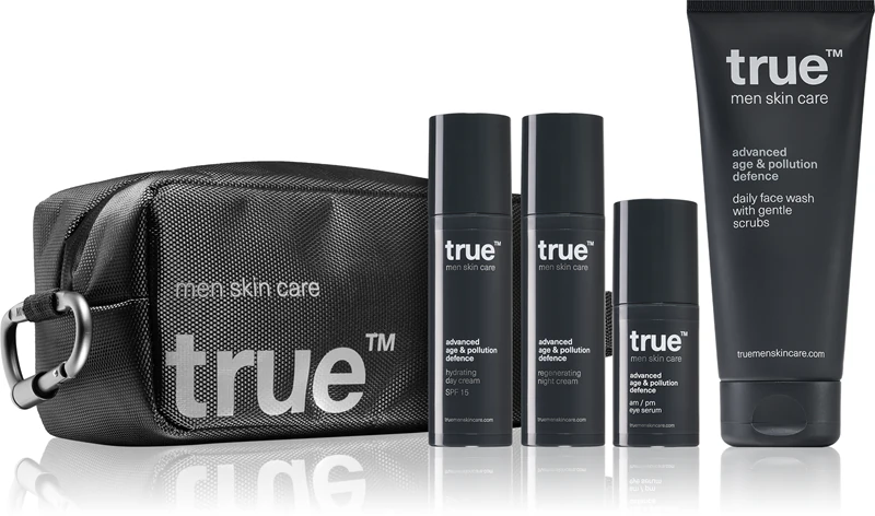 Cuidados com a pele True Men: rotina diária simples e kit de cuidados com a pele para homens.