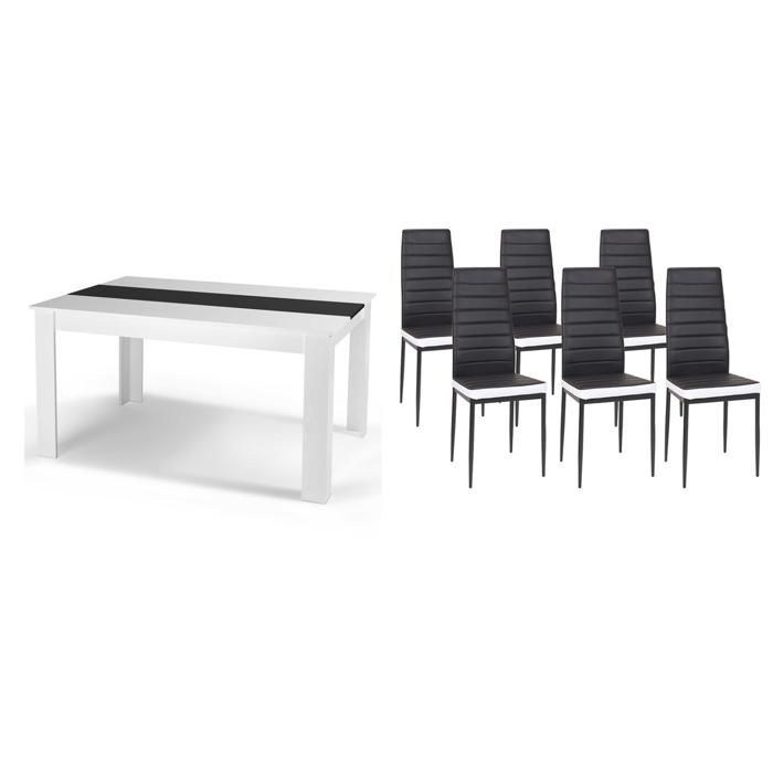 IDMARKET Ensemble table à manger GEORGIA 140 cm blanche et noire et 6 chaises ROMANE noires liseré blanc