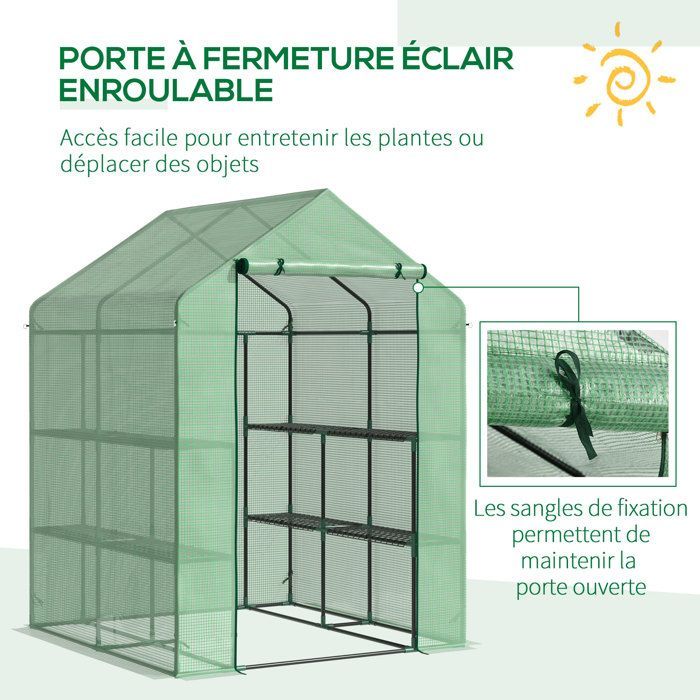 Outsunny Garden Greenhouse - with 3-Tier Shelves - Reinforced 140 g/m² PE Cover and Steel Frame - for Vegetables and Flowers - Green