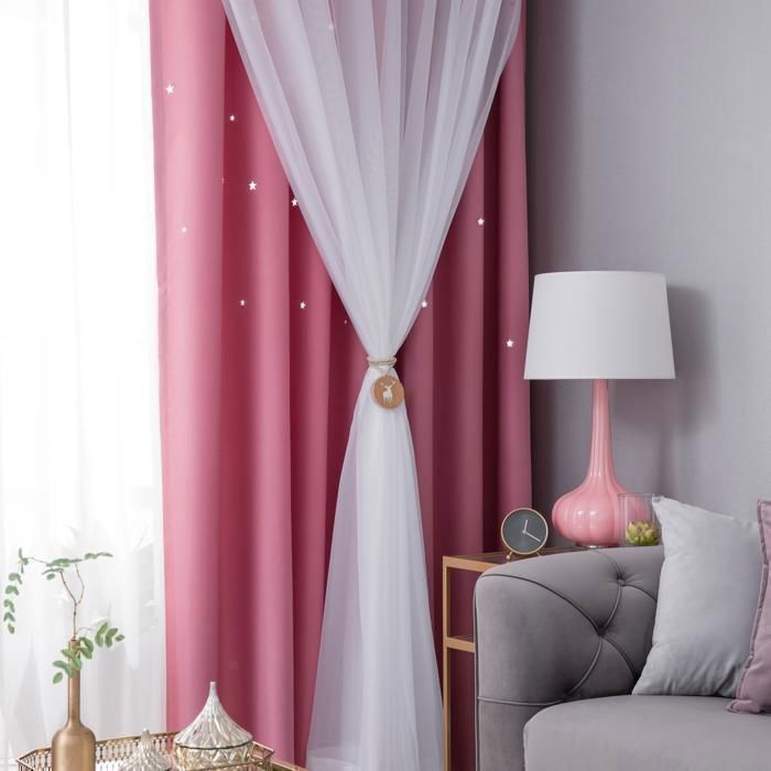 2 paneles - Cortina doble - Diseño de estrella calada - Opaca - 100 x 250 cm - Rosa - Para salón y dormitorio