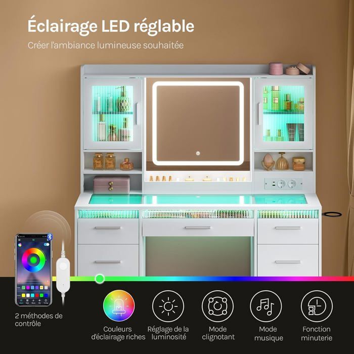 Coiffeuse 9 Tiroirs WOLTU - Miroir LED Réglable et Éclairage RGB - Plateau en Verre - Prise de Courant - Blanc