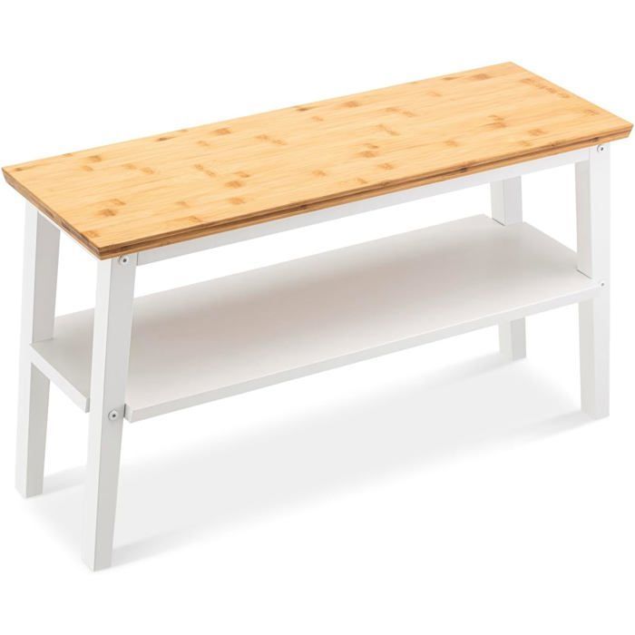 Étagère chaussures en bambou - SUTEO - Banc avec siège - Double étagère - 28x80x45 cm - Blanc - Supporte jusqu'à 90 kg