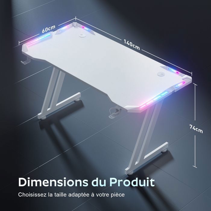 Mesa Gamer - HLONONE - 140 x 60 cm - Resistente a Riscos - Ergonômica - LED Branco