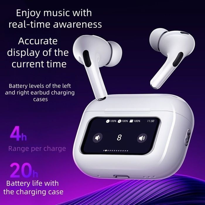 Bluetooth Sport Headphones with ANC, LED Touchscreen, 24H Battery Life, IPX5 Waterproof, Drop-Resistant, Stereo Bass, iOS/Android Compatible, White