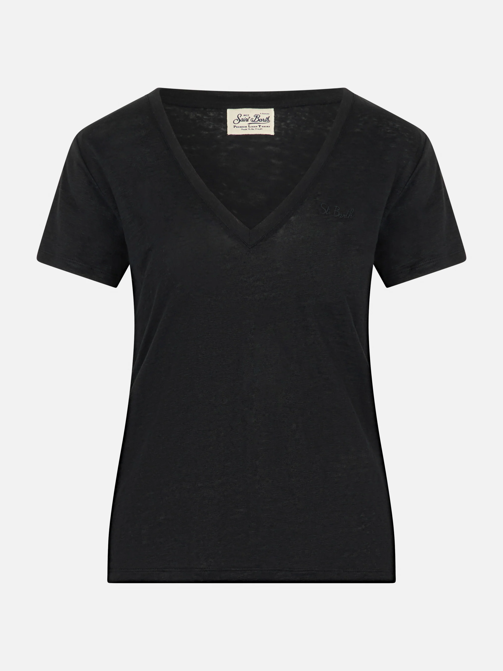 Eloise zwart T-shirt met V-hals van linnenjersey