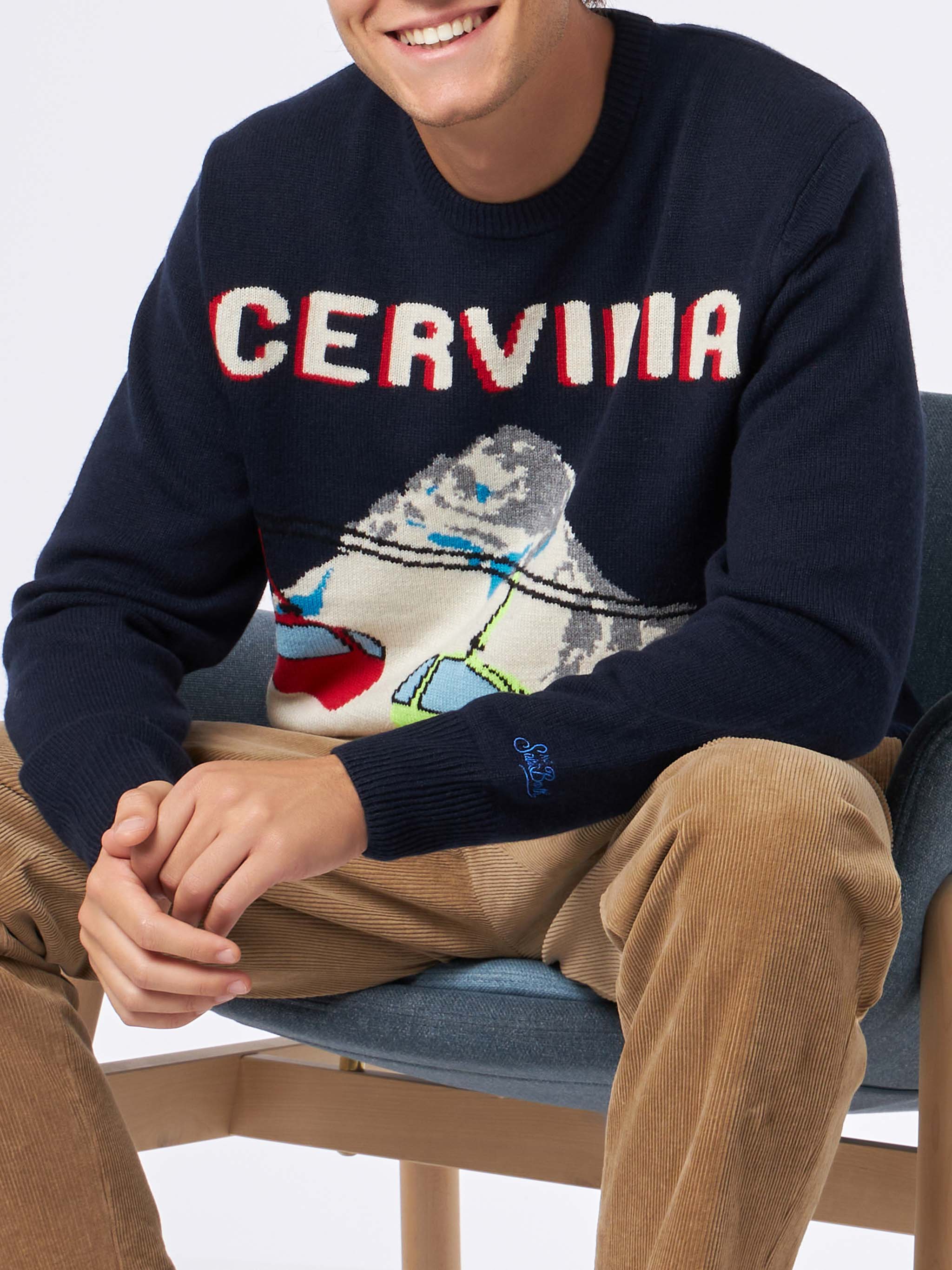Herrenpullover mit Rundhalsausschnitt und Jacquard-Print im Postkartenstil Cervinia
