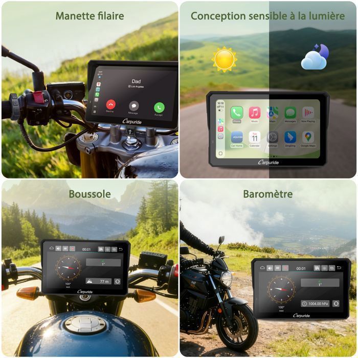 Autoradio GPS per moto CARPURIDE W702SPRO con schermo CarPlay e supporto BM05 per Plug-and-Play, CarPlay e Android Auto, con controller cablato.