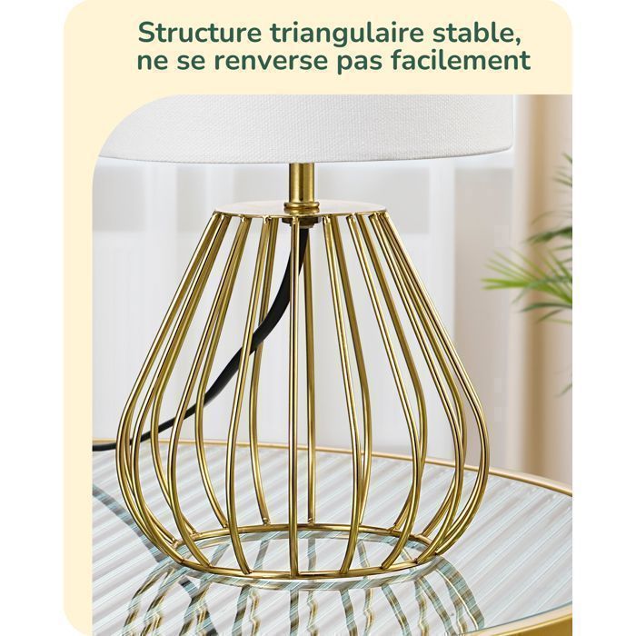 Lámpara de mesa EDISHINE, metal dorado y lino blanco, bombilla LED E27 de 2700 K incluida, 29 cm de altura.