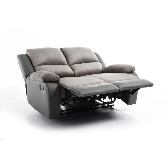 Sofá reclinable de 2 plazas LEO en microfibra y piel sintética - Gris - 143 x 93 x 96 cm - LOUNGITUDE