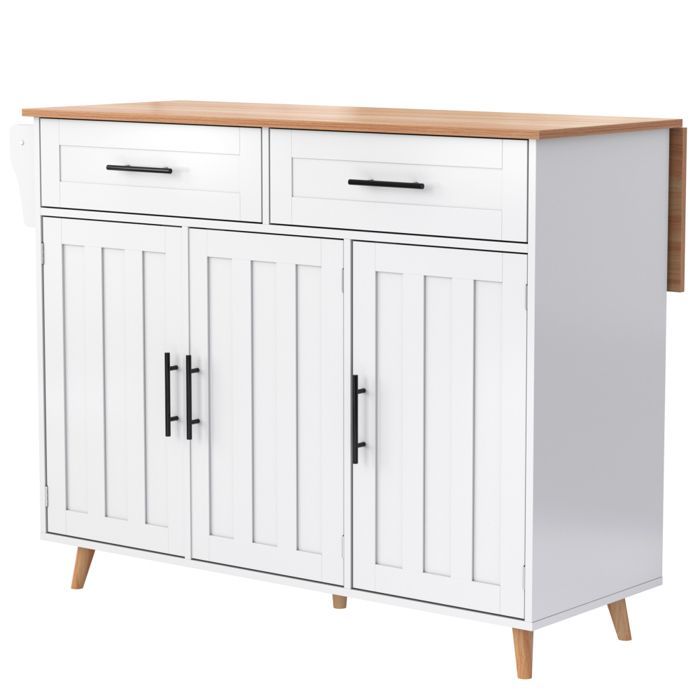 Desserte à Roulettes Cuisine rangement en bois multifonctionnelle avec plan de travail -avec tiroir-L129 x P46(71) x H91.5 cm-Blanc
