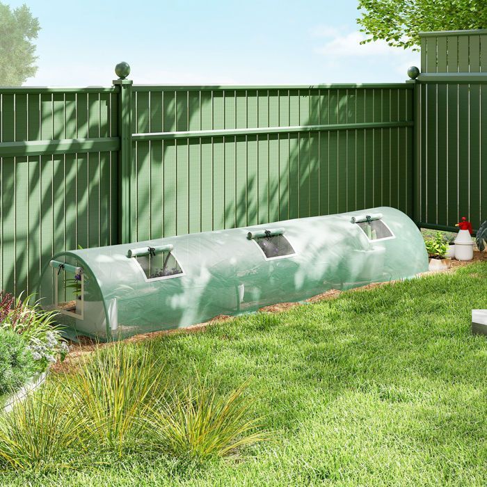 Mini invernadero de jardín - Outsunny - túnel para tomates de polietileno de alta densidad resistente a los rayos UV con 5 puertas de malla - acero - 300x80x45cm - verde