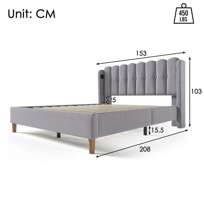 Lit double 140x200 cm Lit adulte 2 personnes Lit capitonné avec chargeur USB Type C, cadre de lit avec sommier à lattes, lin, gris