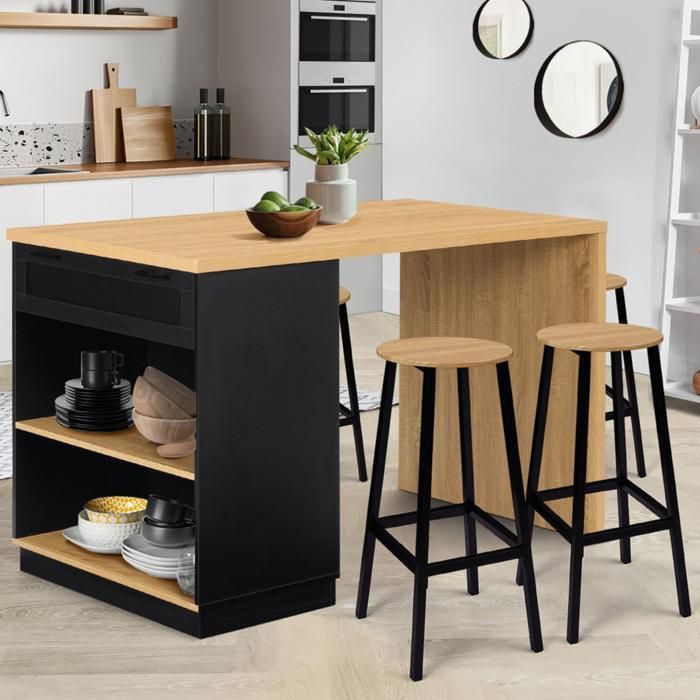 IDMARKET VITO Mesa alta/isla central de 130 cm con tablero de madera y color negro para 4 personas.