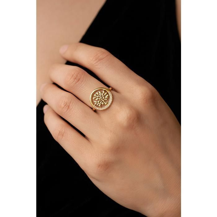 Bague Femme Arbre de Vie Plaqué Or 18 Carats avec Oxydes de Zirconium – Bijou Symbolique Élégant, Cadeau Raffiné