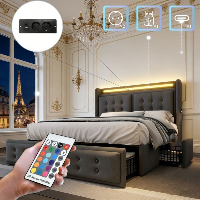 Verhoiltu parisänky 180 x 200 cm - RGB LED -pääty ja 2 EU/USB/Type-C-porttia - säilytystilasänky 4 laatikolla - 2/3 hengelle - harmaa pellava