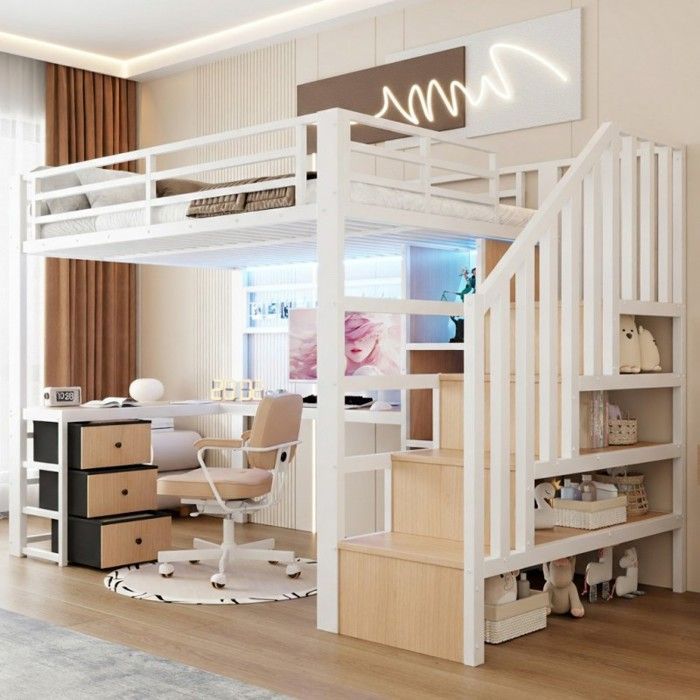 Lit mezzanine - LANGTU - 90x200 avec bureau - Escalier rangement - LED intégrée - 4 tiroirs - Métal/MDF - Blanc