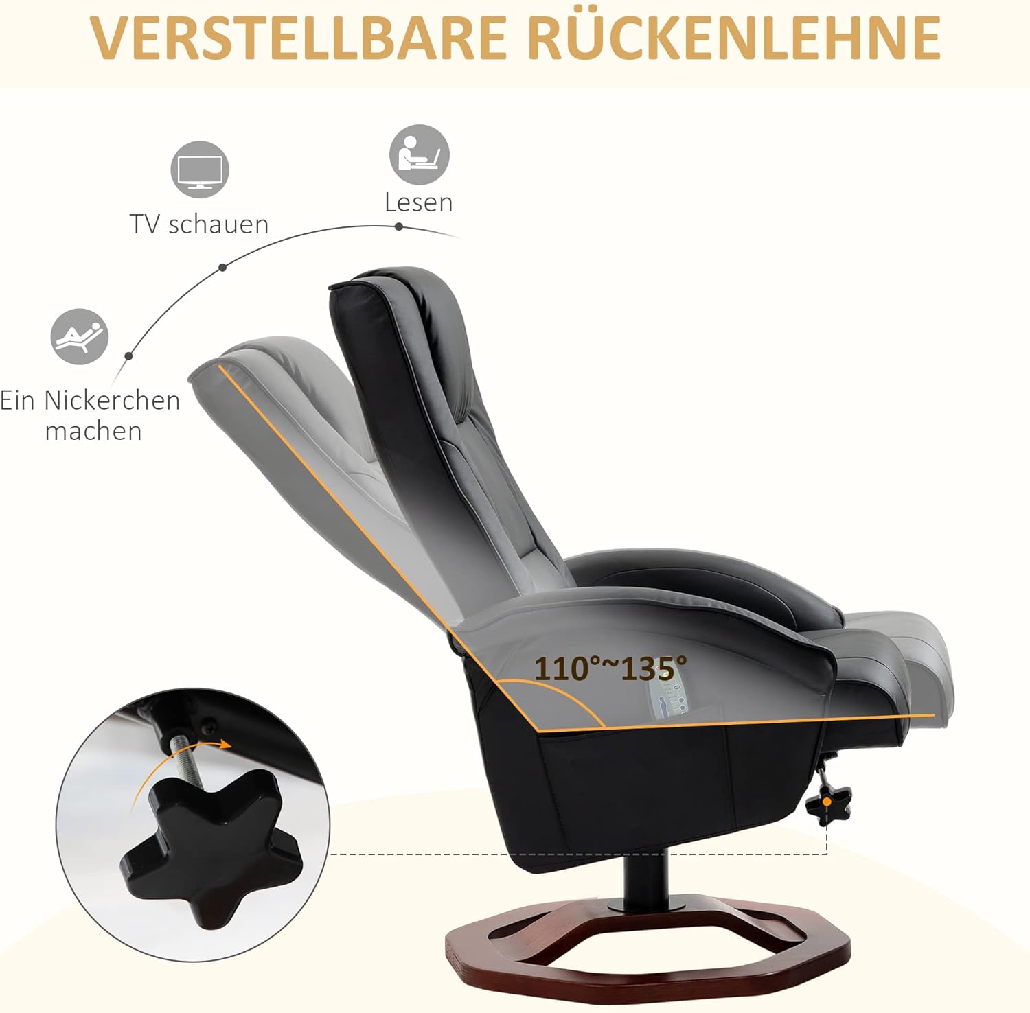 HOMCOM Massagesessel mit Fußstütze, Ruhefunktion, verstellbarer Rückenlehne mit Massagefunktion, 360° drehbar, Kunstleder, Stahl, Schwarz/Braun, 73 x 83 x 106 cm