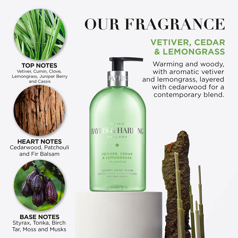 Sabonete líquido antibacteriano para as mãos Baylis & Harding com vetiver, cedro e capim-limão