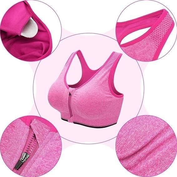Women's Front Zipper Push-Up Sports Bra, Wireless Lingerie, Running Vest, Removable Pads for Fitness - Pink