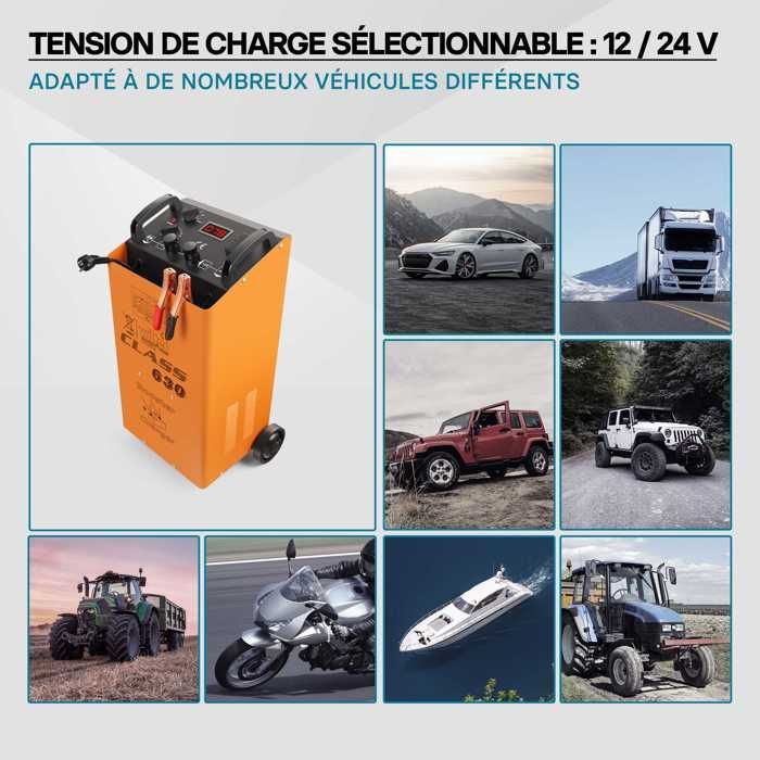 Cargador de baterías Wiltec Boost 630 – 12V y 24V – Carga para motocicletas, automóviles y vehículos de construcción – Carga rápida