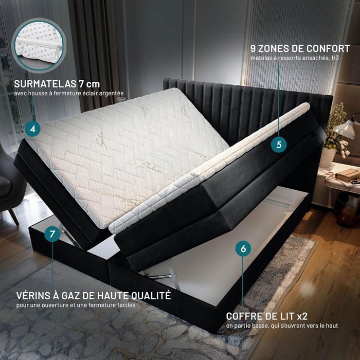 Letto matrimoniale ADÈLE - materasso e base elettrica regolabile - 160x200 cm - velluto nero