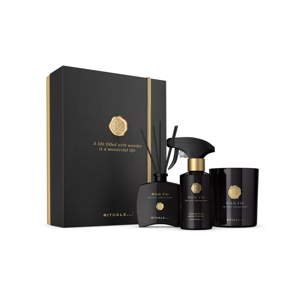 Set de regalo Private Collection Wild Fig L: vela aromática de 360 g, mini varitas aromáticas de 100 ml, perfume para el hogar de 250 ml.