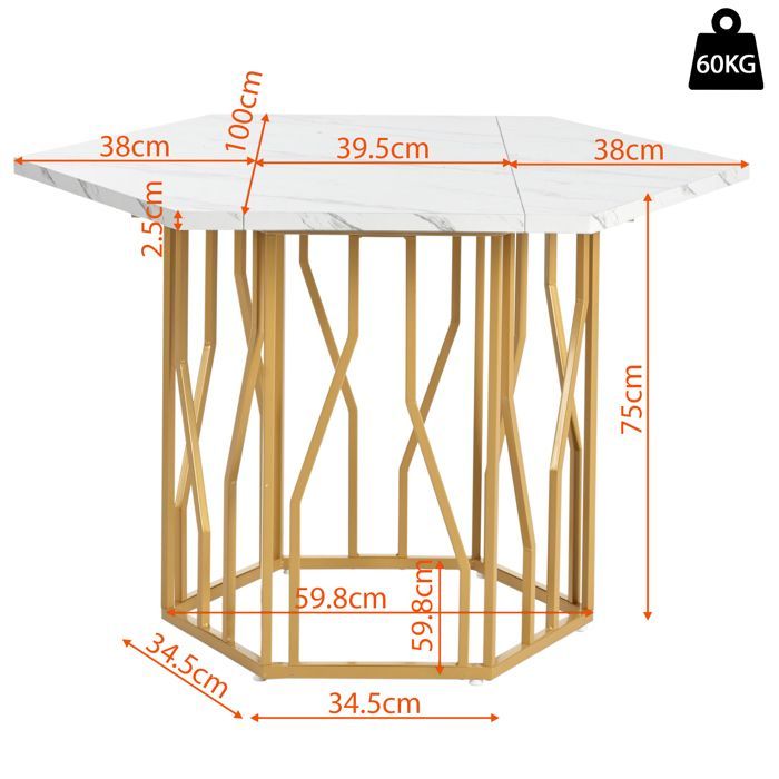 Mesa de comedor moderna - MDF - Patas doradas - Mesa de cocina - 115,5 x 100 x 75 cm - Blanca