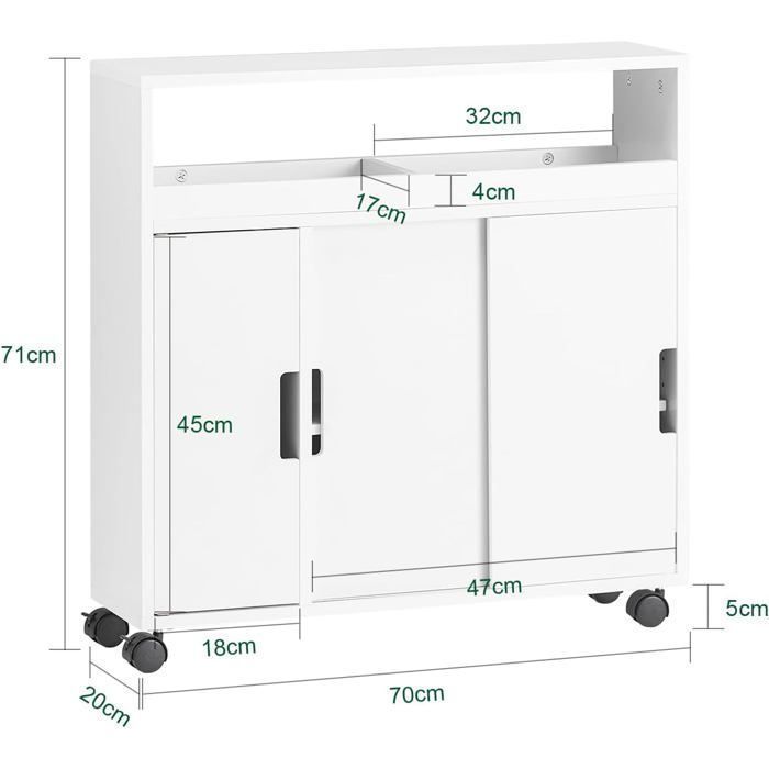 SoBuy Bathroom Toilet Cabinet on Wheels with 2 Sliding Doors and Open Shelf, Compact White Toilet Unit 70x71x20 cm