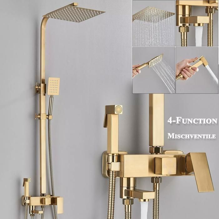 Brushed Gold Shower Column, Shower System, Shower Set, Solid Wall-Mounted Shower Kit, Adjustable Height 750-1100mm