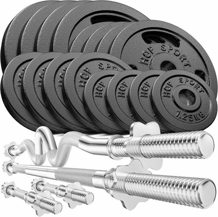 Hop-Sport 96 kg Gusseisen-Hantelset, zwei kurze Stangen, lange Stange, Super SZ-Curl-Stange, Gewichtsscheiben, Hantelset