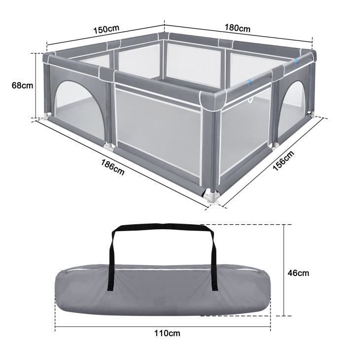 Laufstall für Babys – UISEBRT – Mit rutschfestem Boden und atmungsaktivem Netzgewebe – Grau – 180 x 150 cm