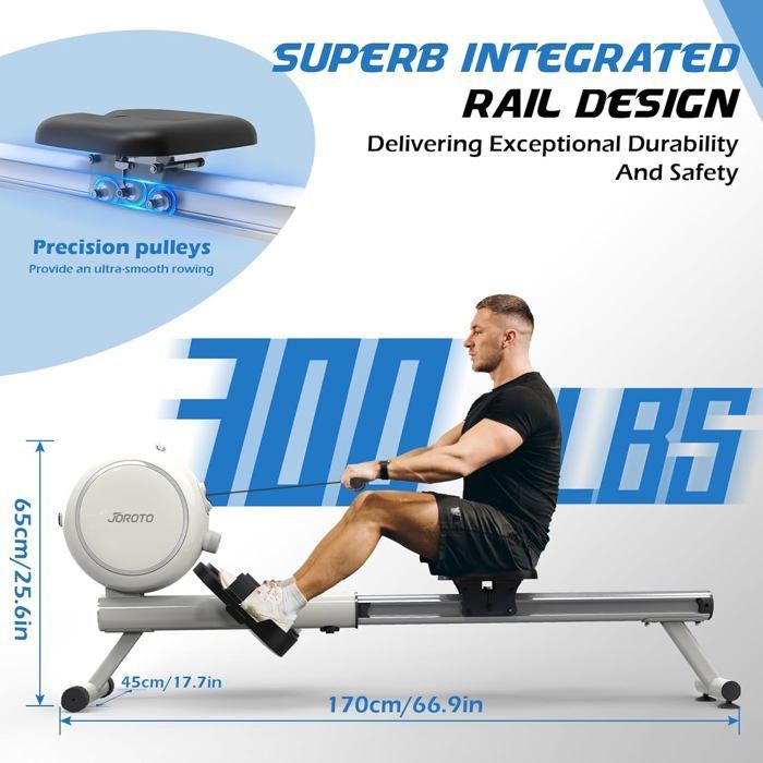 JOROTO JR40W Home Rowing Machine with 8 Levels of Magnetic Resistance, Retractable Aluminum Rail, Bluetooth, and LCD Screen, 140kg Capacity