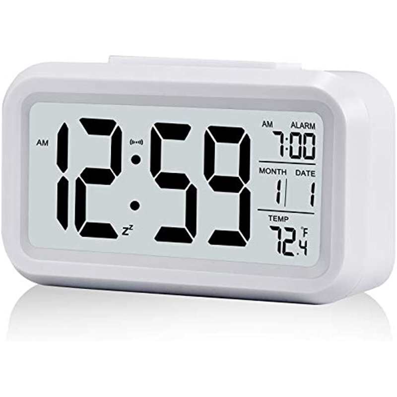 Wekker, kleine bureauklok op batterijen, met datum, binnentemperatuur, slim nachtlampje, LCD elektronische klok voor slaapkamer, thuis of kantoor - wit