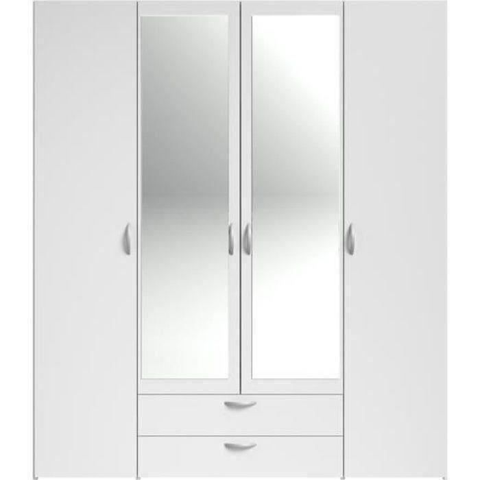 Armoire VARIA - Décor blanc - 4 portes battantes + 2 miroirs + 2 tiroirs - L 160 x H 185 x P 51 cm - PARISOT