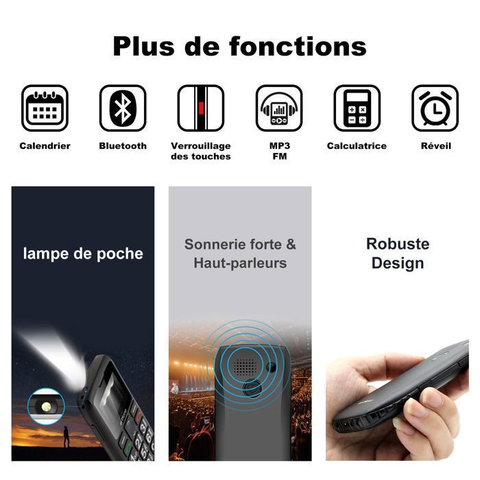 Artfone C1+ 4G Téléphone Portable Sénior,Batterie 1800mAh,Bouton SOS avec Grandes Touches,Haut-parleur stéréo,Radio FM ,Lampe Torche