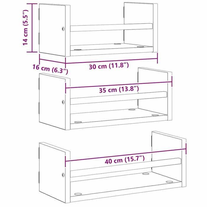 MOT12182 - Juego de 3 estantes de pared, roble artesanal, 40x16x14cm
