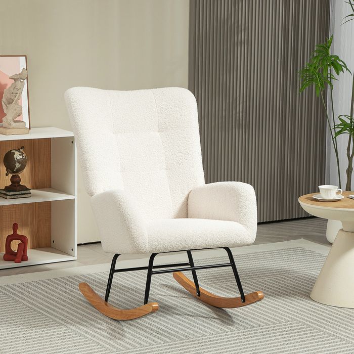 Mecedora - HOMCOM - en tela bouclé efecto lana - patas de madera maciza de caucho - para dormitorio, sala de estar - color crema