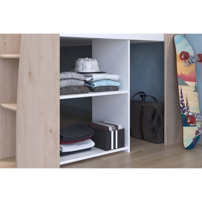 Cama infantil combinada PARISOT con escritorio retráctil - Acabado en blanco y roble - 90 x 200 cm - Base de láminas incluida - THEO