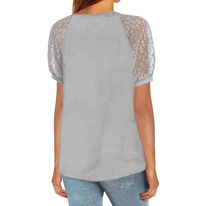 Tee shirt Femme en Dentelle - LEOCLOTHO - Gris - Manches Courtes - Col V - Coupe Ajustée