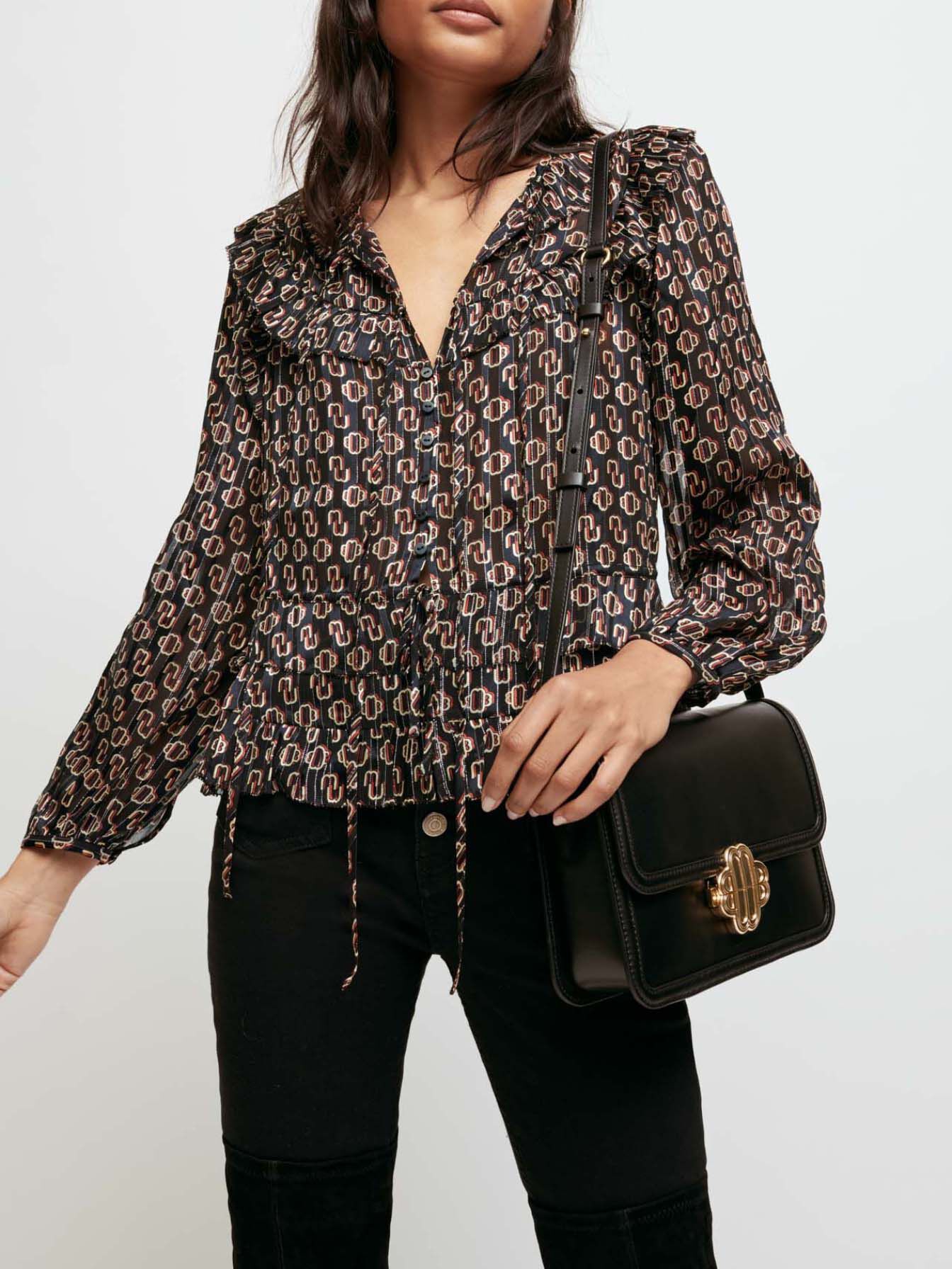 Top van lurexzijde mousseline met monogram M Noir-print, maat L