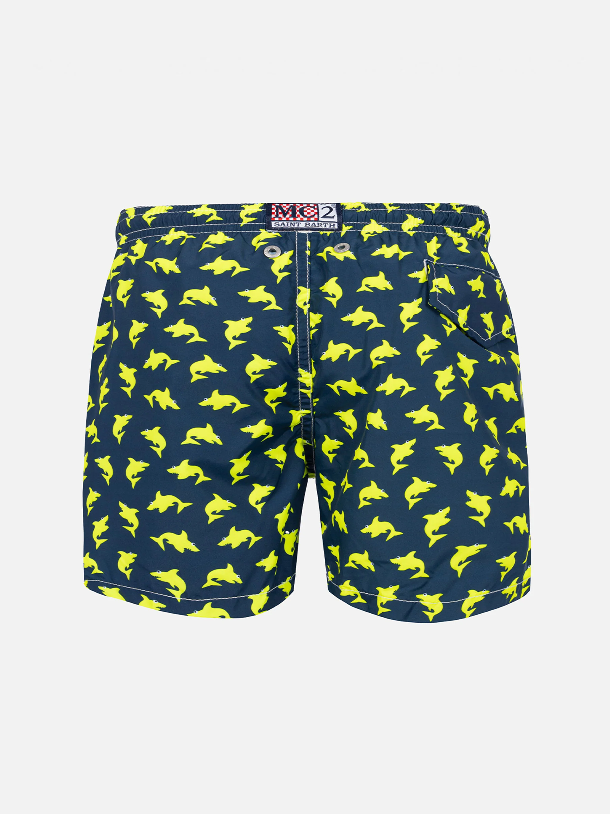 Costume da bagno da bambino in tessuto leggero con stampa squali fluo